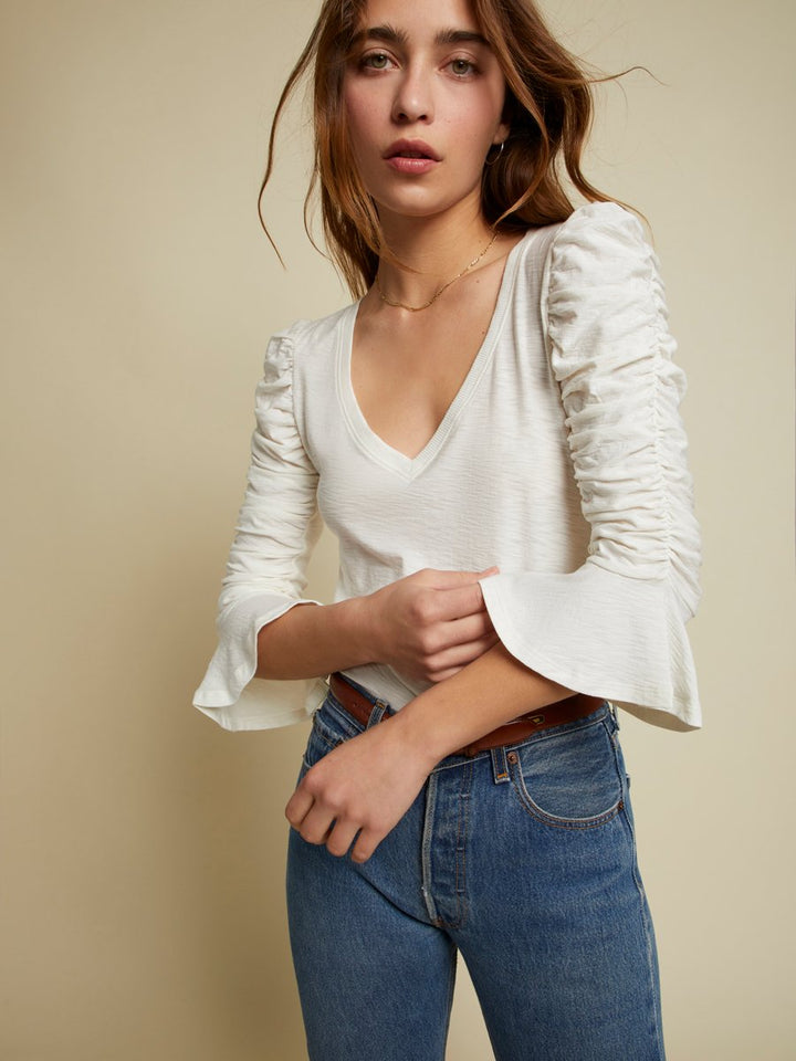 Nation LTD - Silvia Ruched Flounce V-Neck in Off White