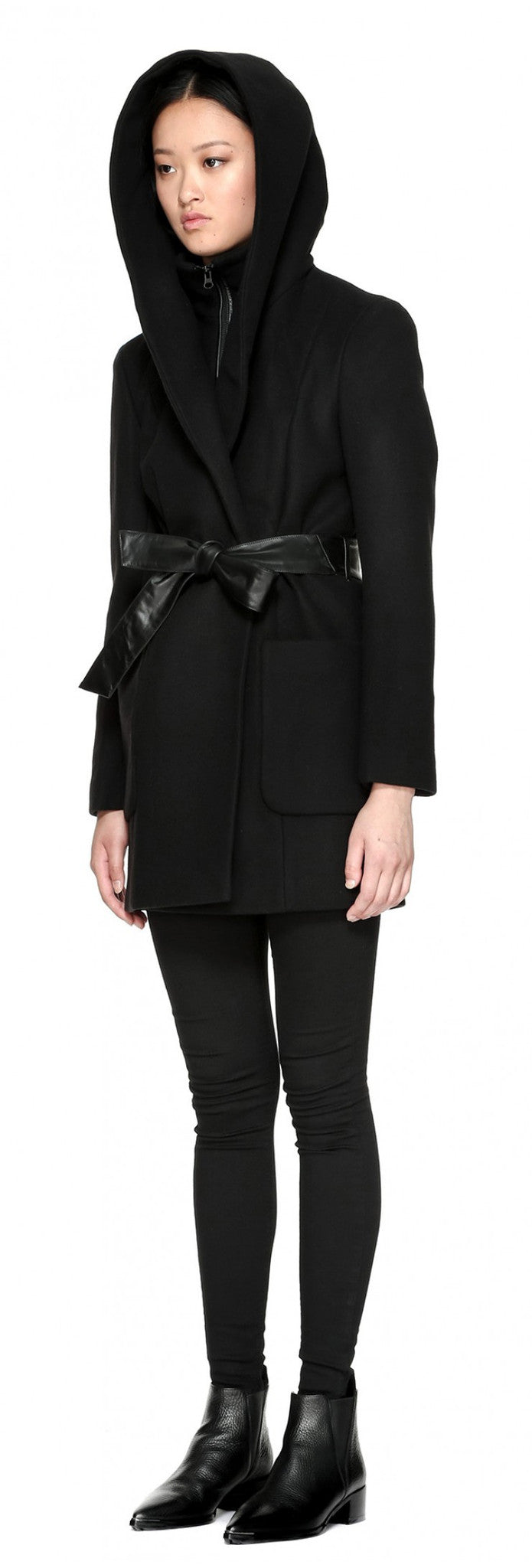 Mackage Siri Hooded Coat w/ belt Black at Blond Genius - 3