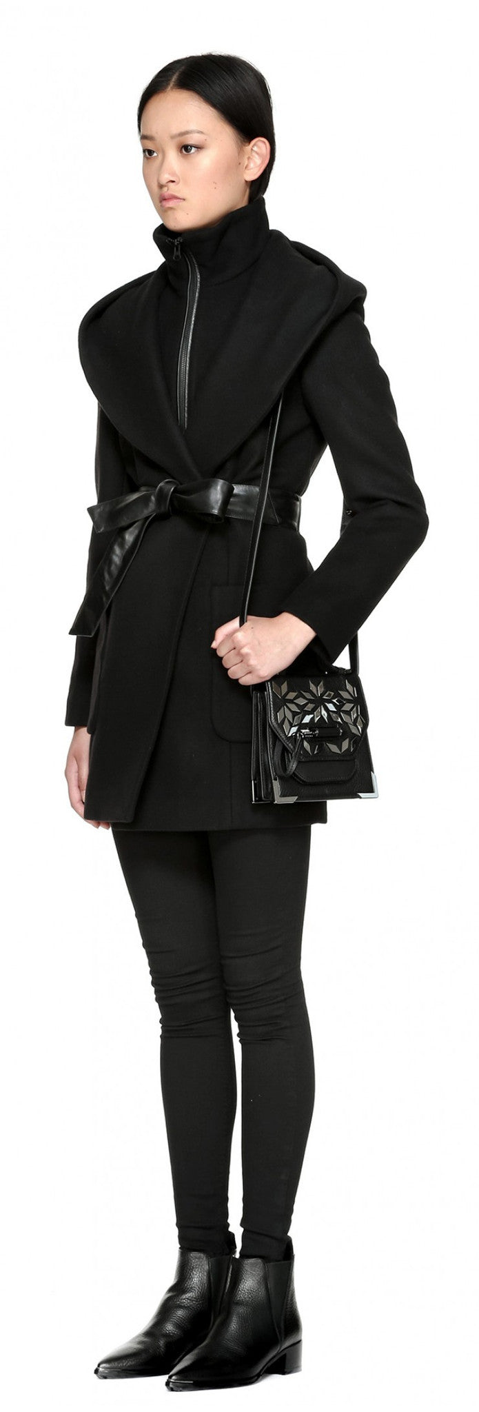 Mackage Siri Hooded Coat w/ belt Black at Blond Genius - 4