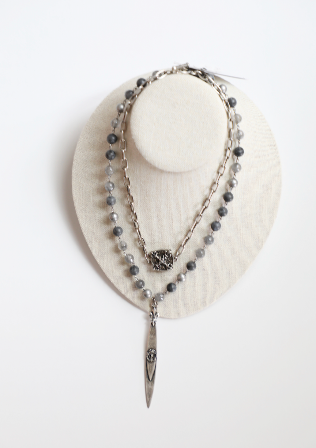 French Kande - Double Strand Slate Mix w/ Silver Wire, Chain, x Medallion & Pointu Pendant