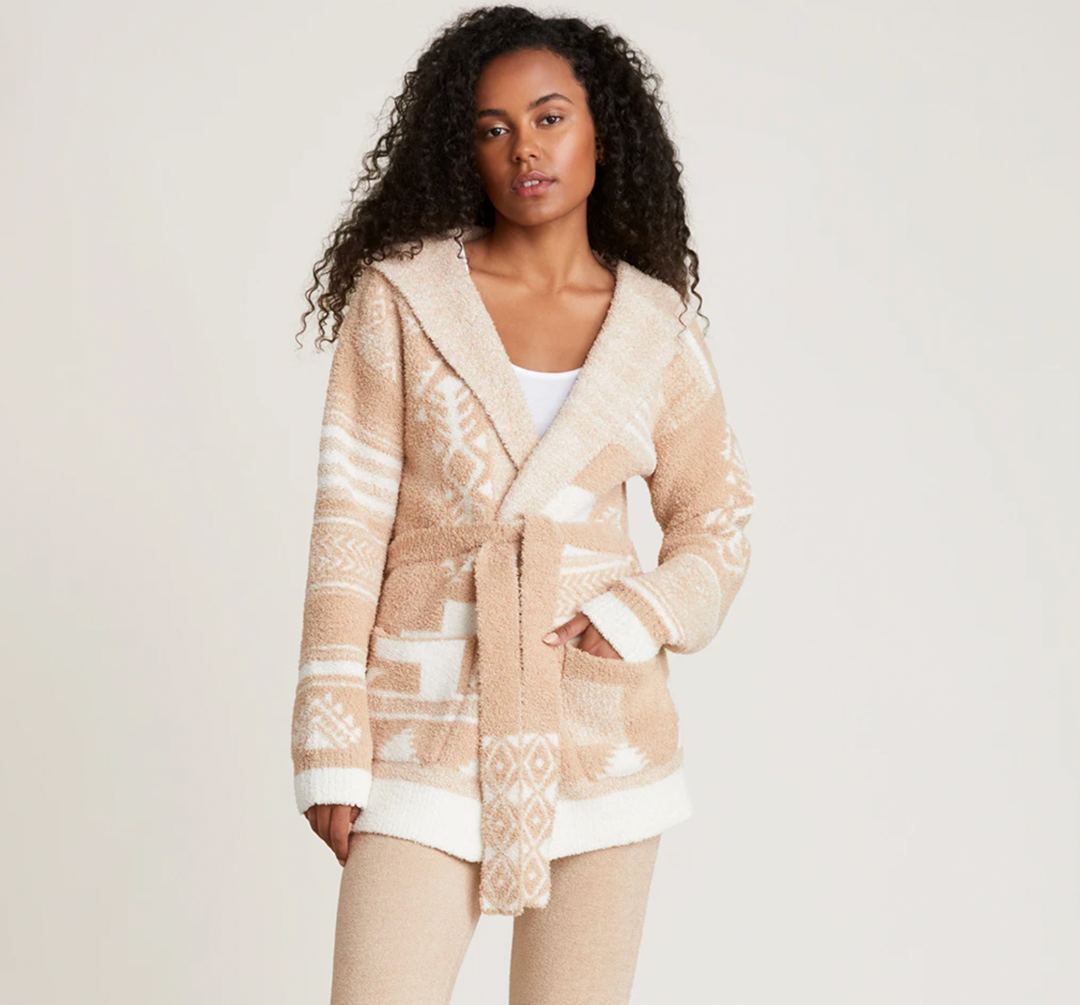 Barefoot Dreams CozyChic Patchwork Belted Cardigan in Soft Camel/Cream