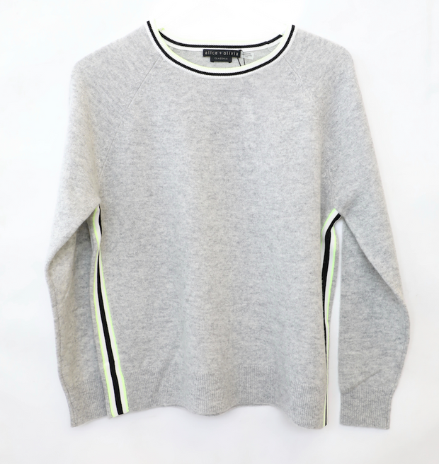 Alice + Olivia - Moira Side Striped Pullover Grey/White/Black/Lime