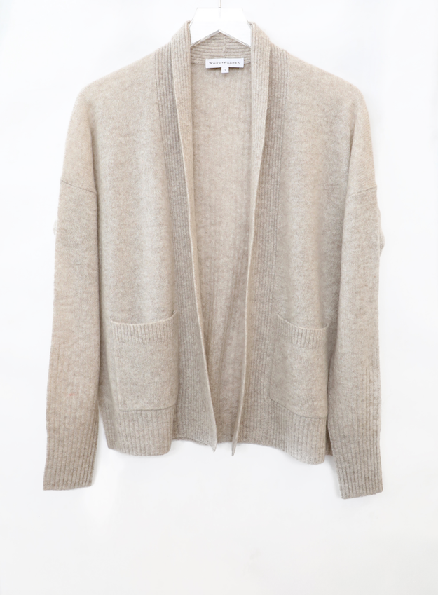 White + Warren - Patch Pocket Open Cardigan in Sand Wisp Heather