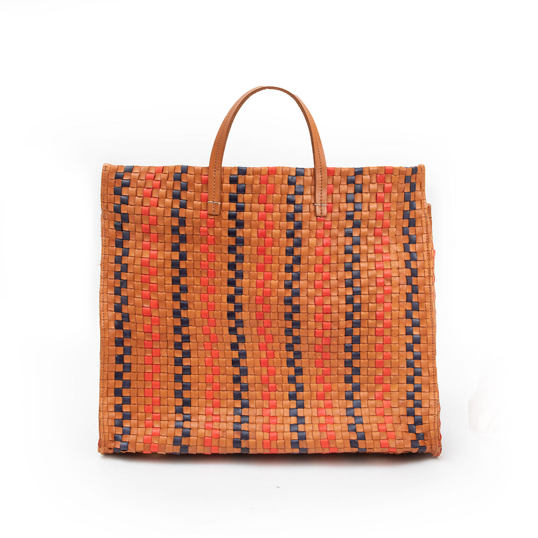 Clare V. - Simple Tote in Natural with Navy & Cherry Red Pinstripe Woven Checker