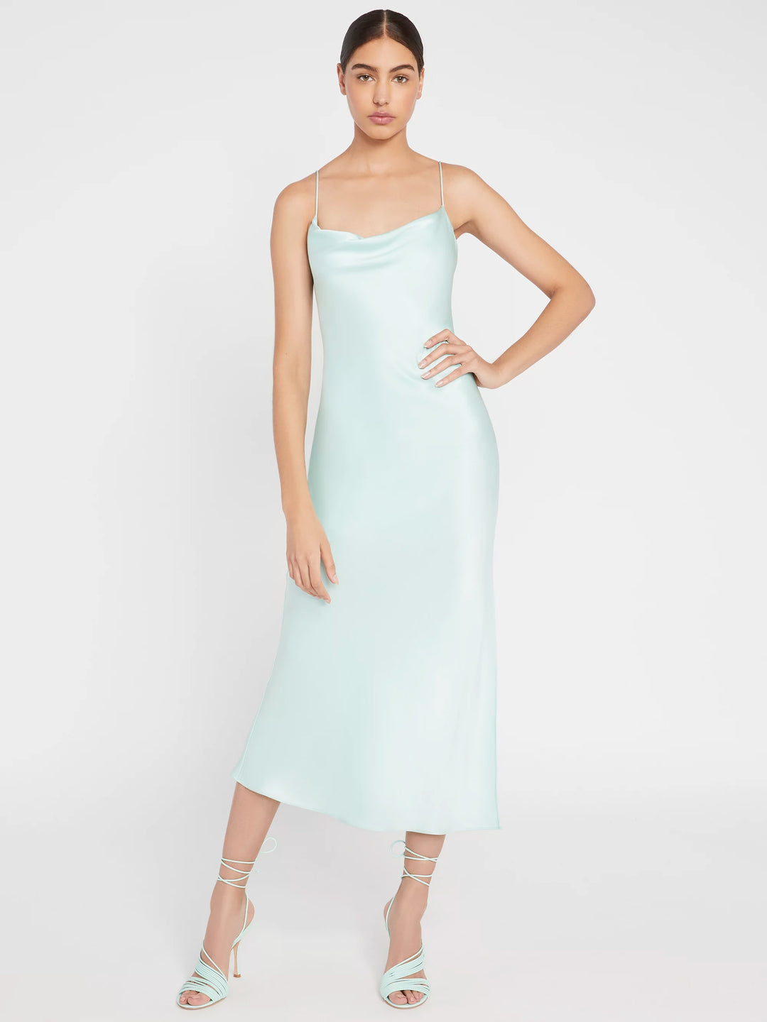 Alice Olivia Harmony Drape Slip Midi Dress w Slit in Mint