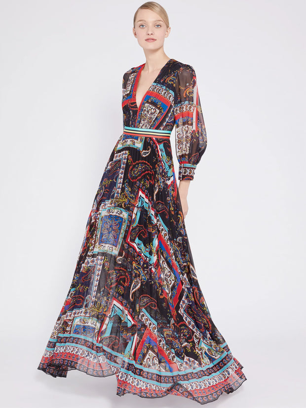Alice + Olivia - Cheney Slit Sleeve Pleated Dress in Royalty Paisley