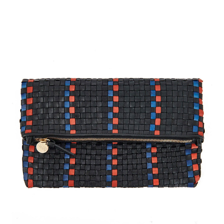 Clare V. - Foldover Clutch w/ Tabs in Black w/ Pacific & Cherry Red Woven Striped Checker