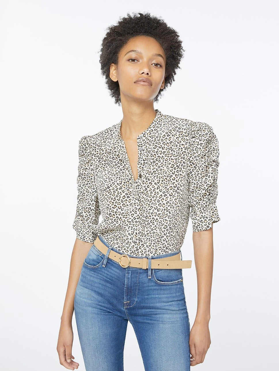 Frame - Shirred Sleeve Button-Up Top in Caramel Multi