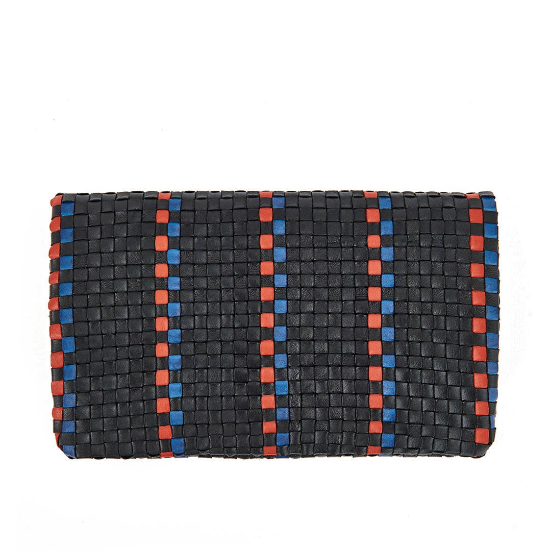Clare V. - Foldover Clutch w/ Tabs in Black w/ Pacific & Cherry Red Woven Striped Checker