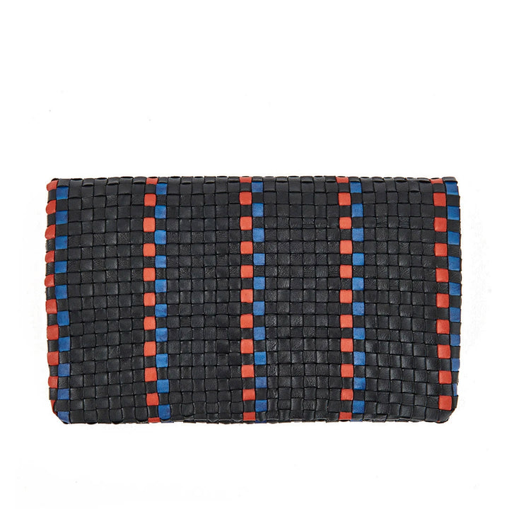 Clare V. - Foldover Clutch w/ Tabs in Black w/ Pacific & Cherry Red Woven Striped Checker