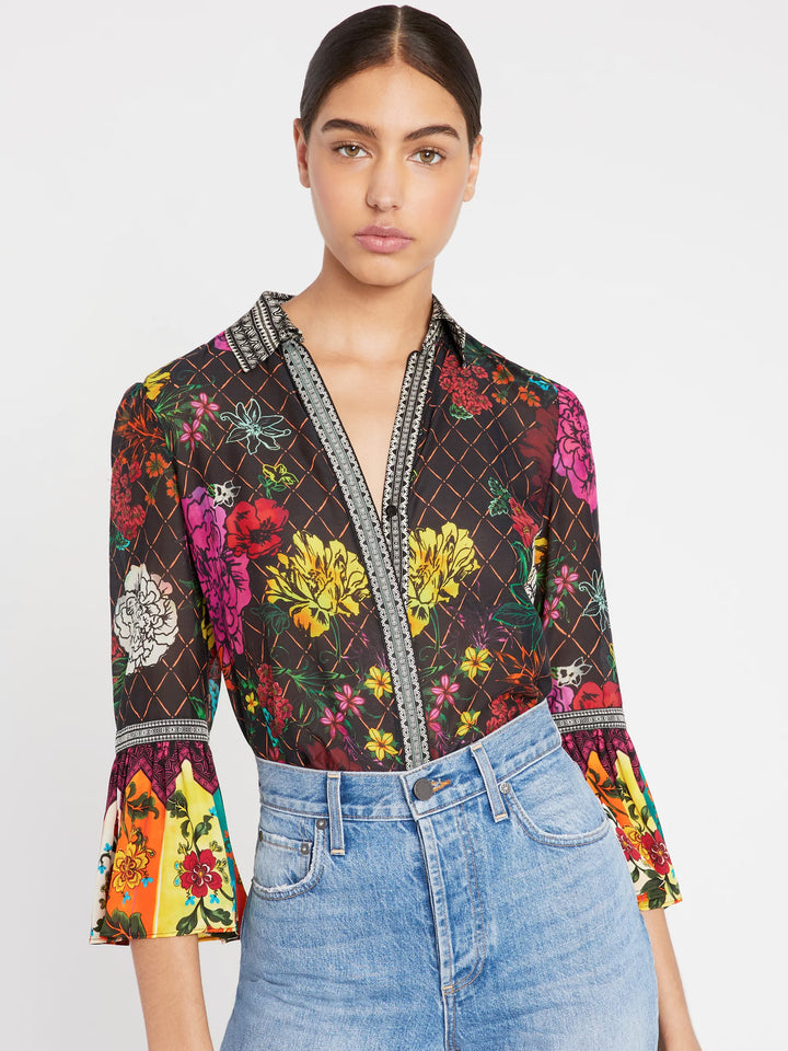 Alice + Olivia - Rivera Trumpet Sleeve Button Down in Retro Floral Multi/Combo