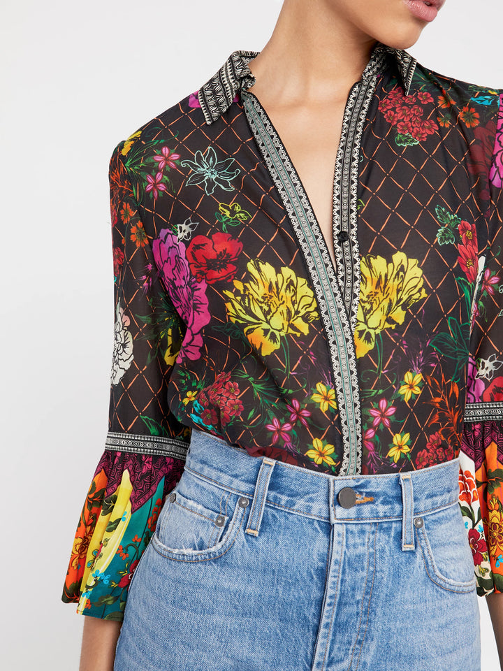 Alice + Olivia - Rivera Trumpet Sleeve Button Down in Retro Floral Multi/Combo