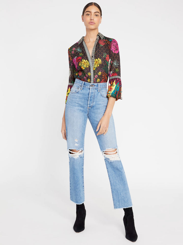 Alice + Olivia - Rivera Trumpet Sleeve Button Down in Retro Floral Multi/Combo