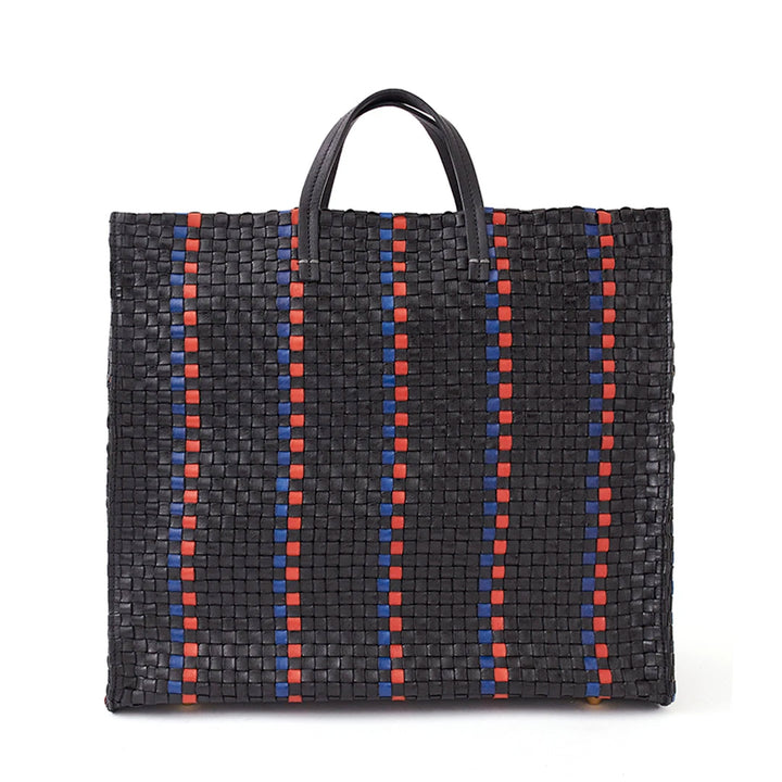 Clare V. - Simple Tote in Black w/ Pacific & Cherry Red Woven Striped Checker