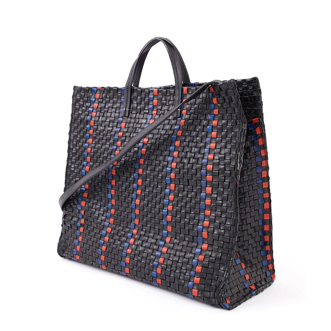 Clare V. - Simple Tote in Black w/ Pacific & Cherry Red Woven Striped Checker