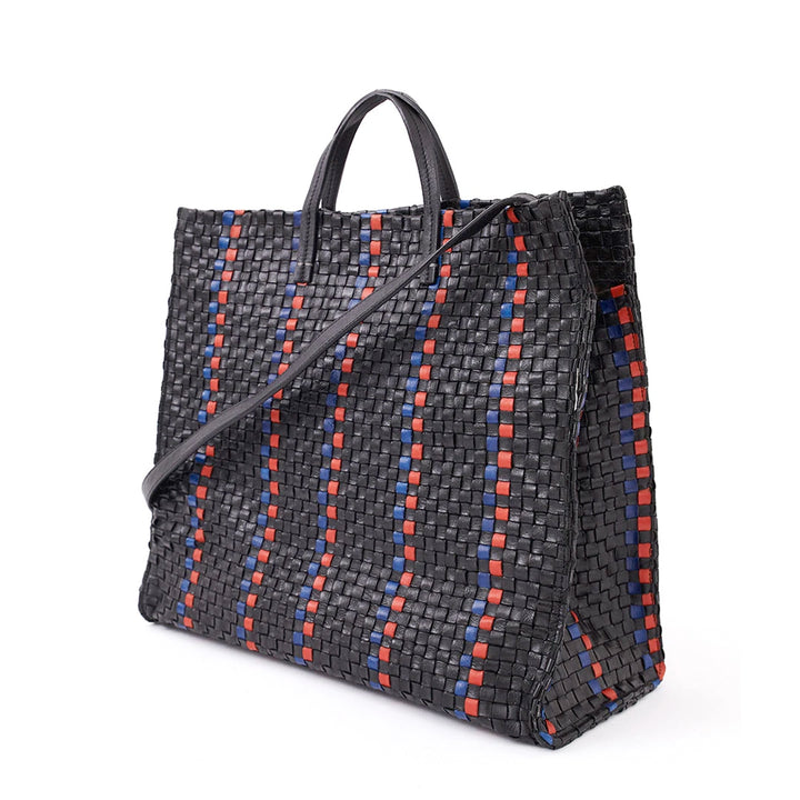 Clare V. - Simple Tote in Black w/ Pacific & Cherry Red Woven Striped Checker