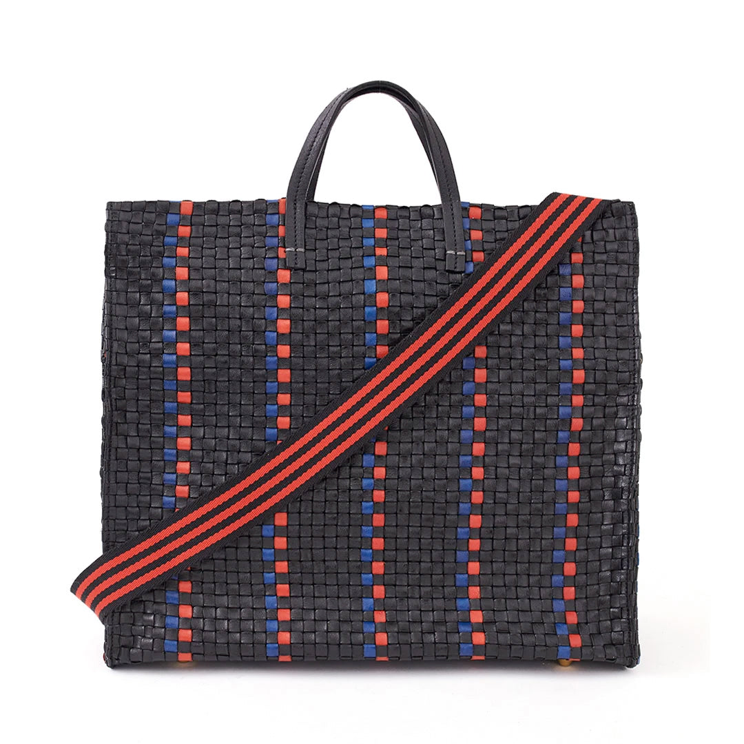 Clare V. - Simple Tote in Black w/ Pacific & Cherry Red Woven Striped Checker