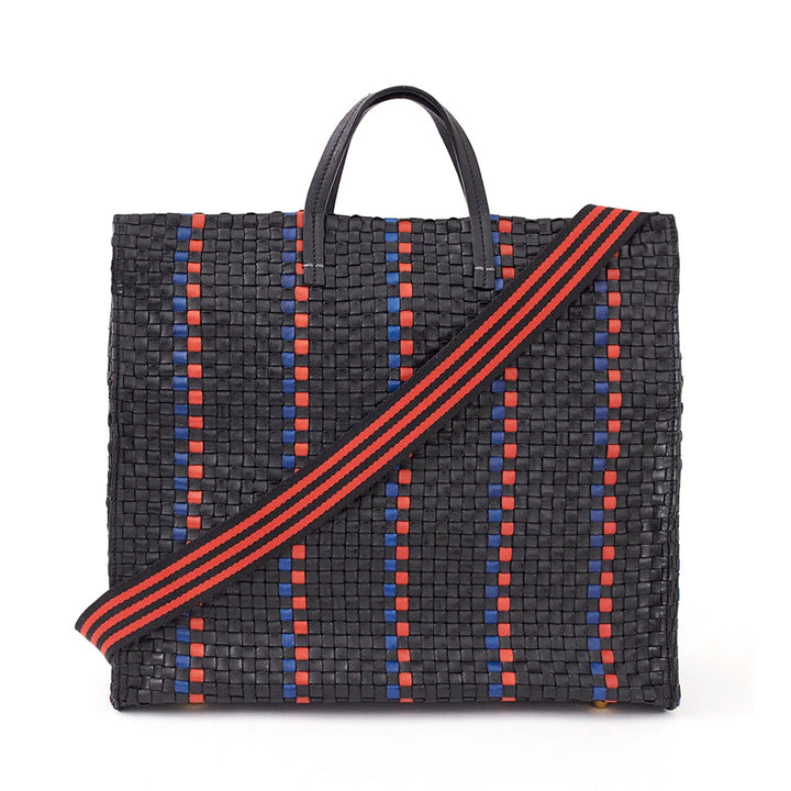 Clare V. - Simple Tote in Black w/ Pacific & Cherry Red Woven Striped Checker