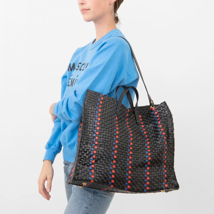 Clare V. - Simple Tote in Black w/ Pacific & Cherry Red Woven Striped Checker
