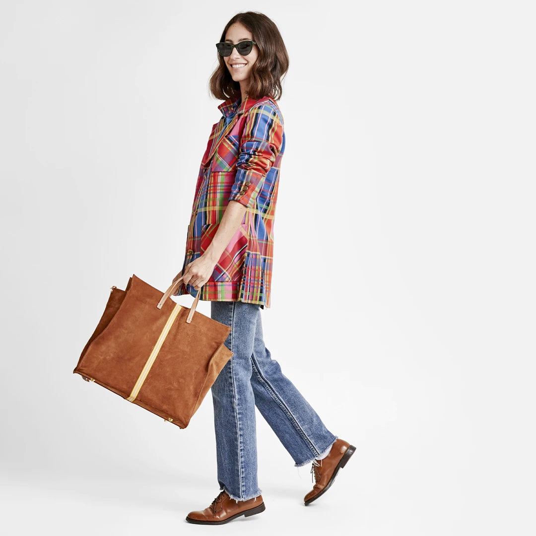 Camel Suede Stripe Tote Bag