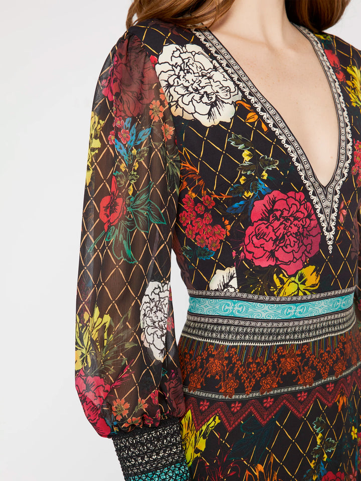 Alice + Olivia - Janey V Neck Flare Dress in Mona Multi/Combo
