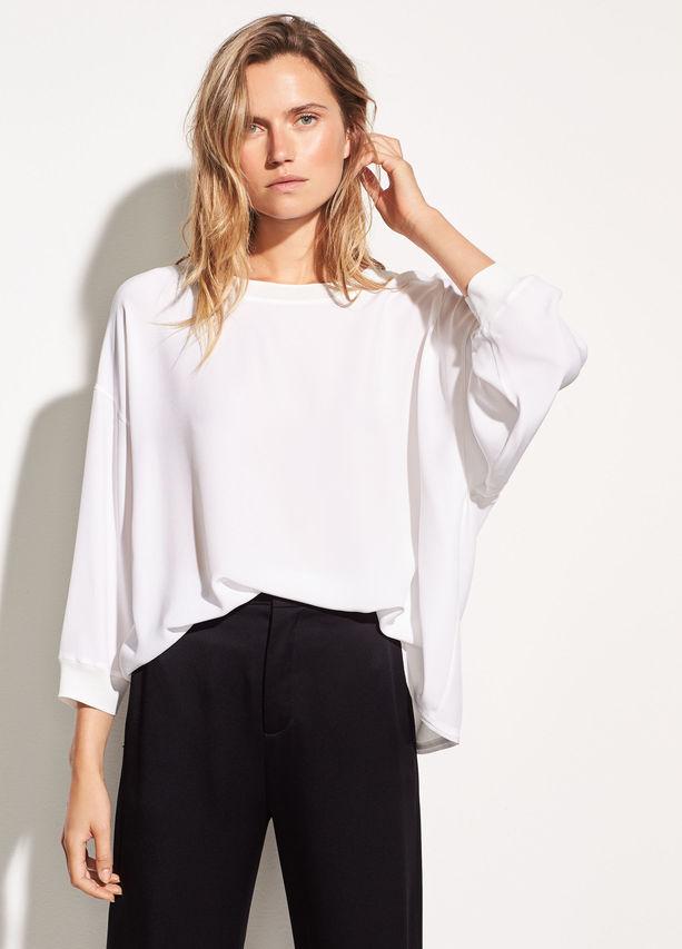VINC - Silk-Satin Back Crepe Top in White Chalk