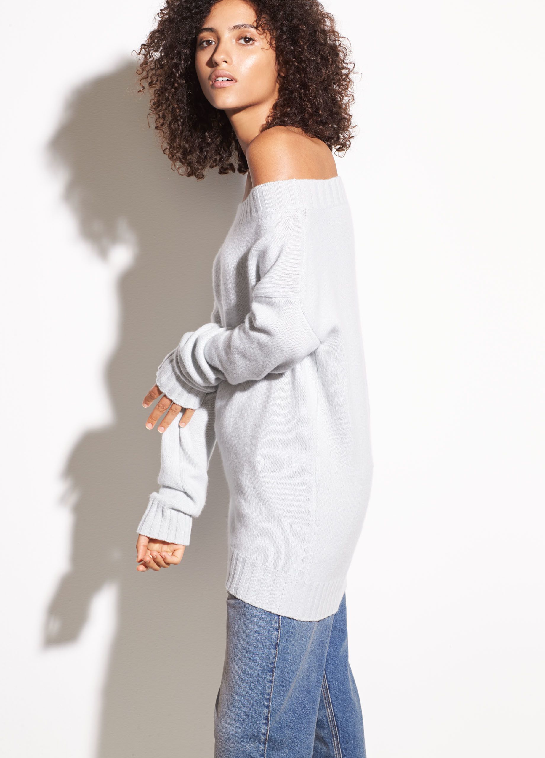Vince Off the Shoulder Wool and Cashmere Sweater in Sea