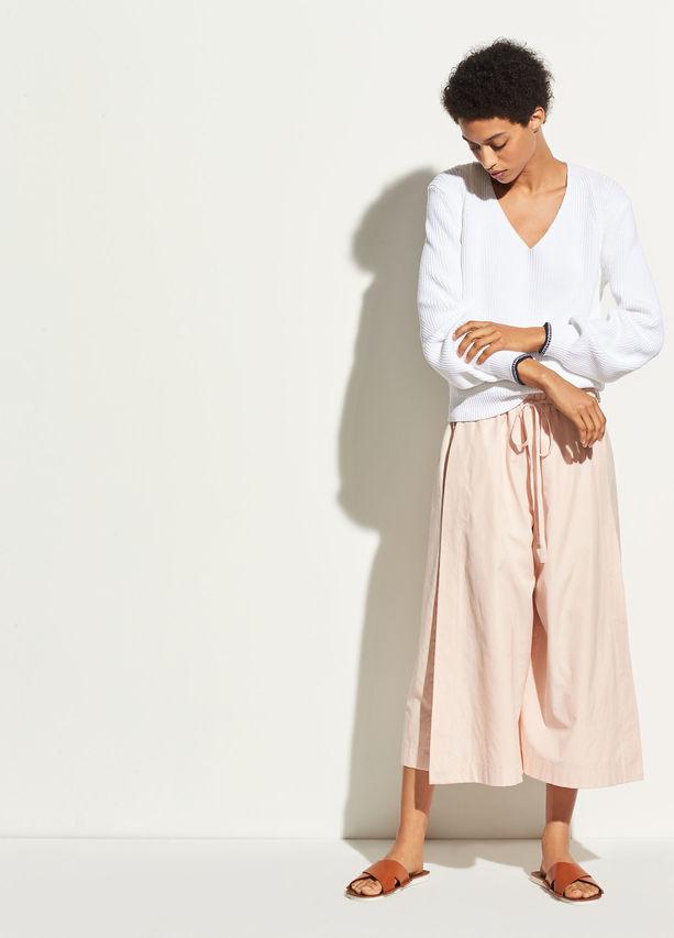 Vince - Bishop Sleeve Rib V-Neck in Optic White/Coastal