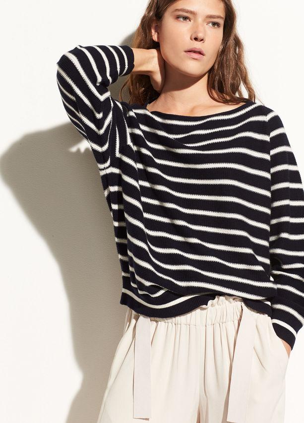 Vince - Striped Waffle Cotton Raglan in Coastal/Optic White