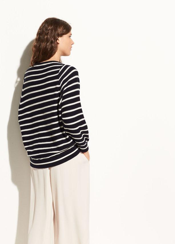 Vince - Striped Waffle Cotton Raglan in Coastal/Optic White