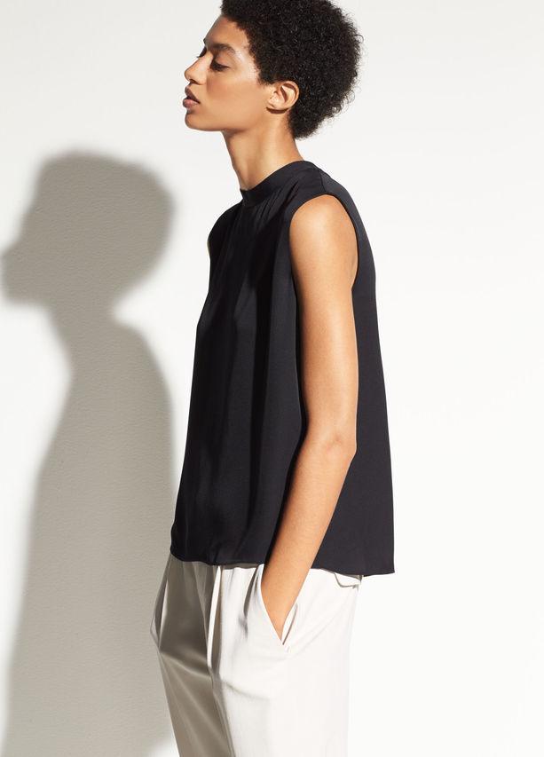 Vince - Sleeveless Mock Neck Silk Blouse in Black