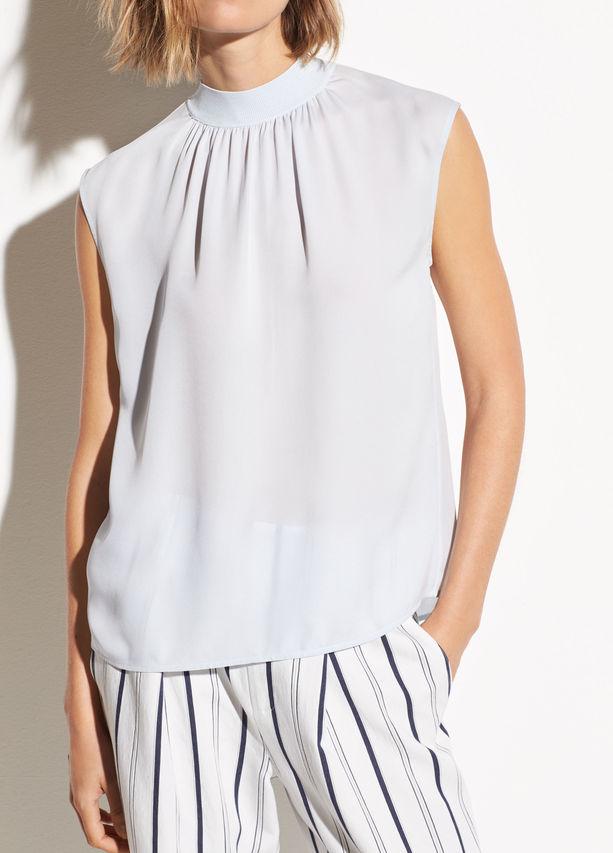 VINCE - Rib Trim Silk Shell in Powder Blue