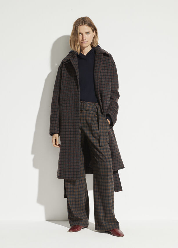 VINCE - Belted Plaid Wide Leg in Mahogany Plaid