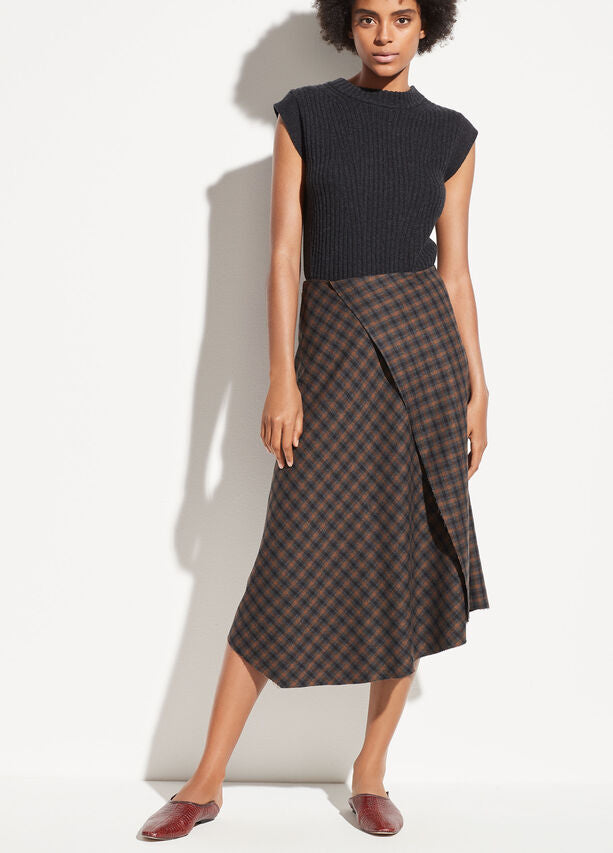 VINCE - Check Plaid Drape Skirt in Mahogany