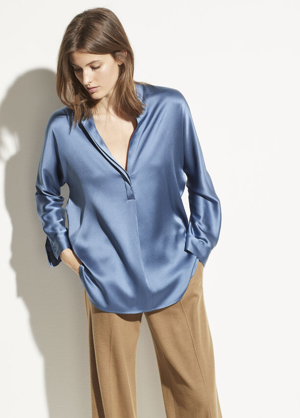 VINCE - Band Collar Satin Blouse in Azurite
