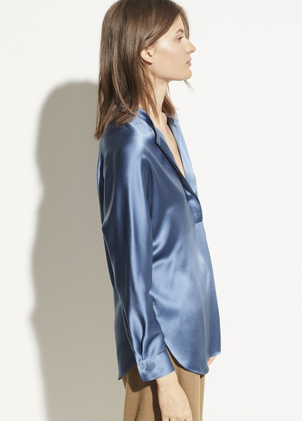 VINCE - Band Collar Satin Blouse in Azurite