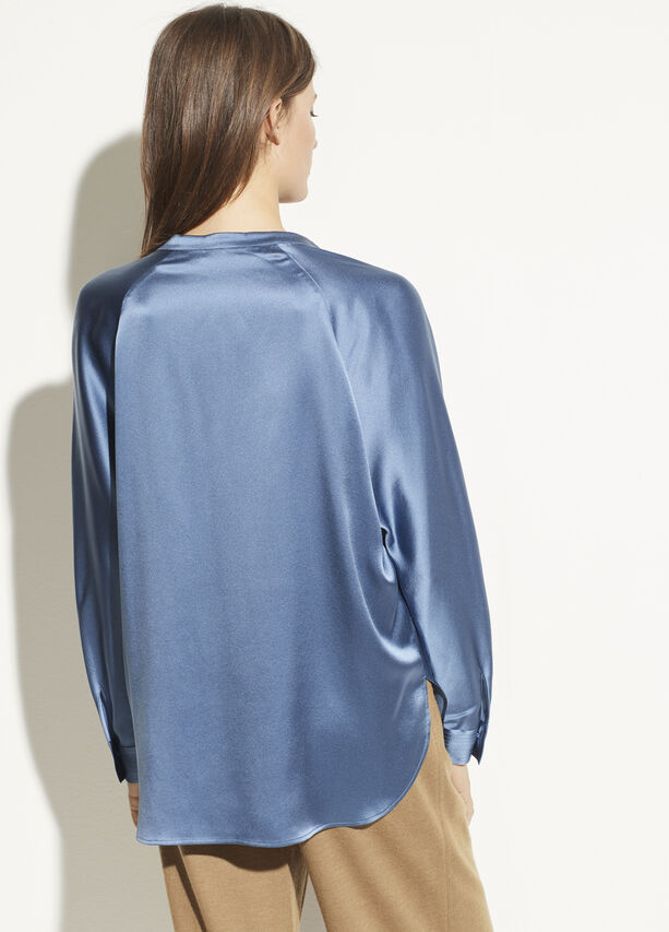 VINCE - Band Collar Satin Blouse in Azurite