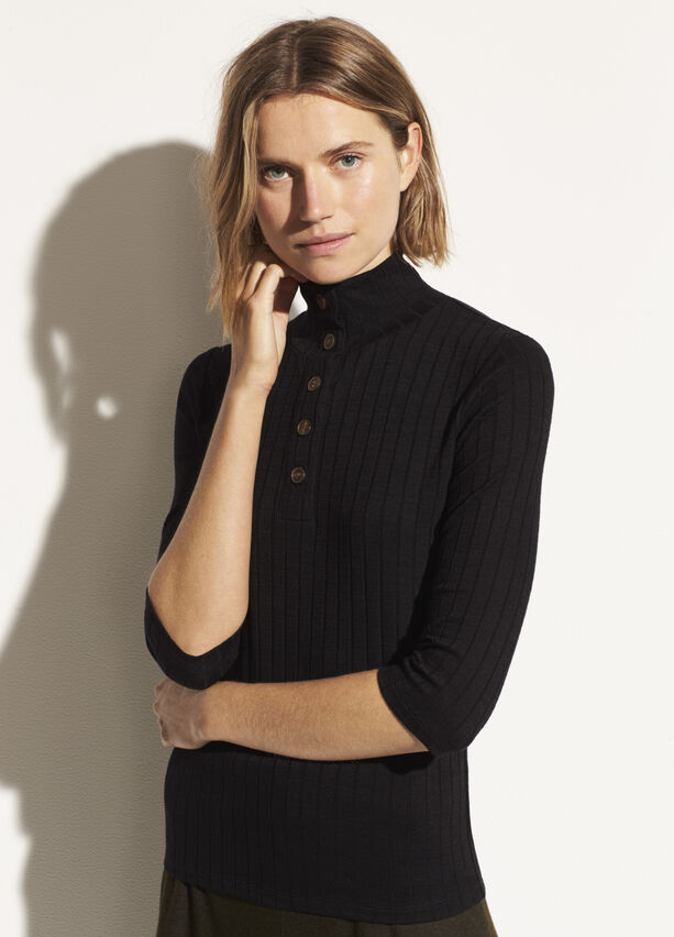 Vince - Button Up Elbow Sleeve Top in Black