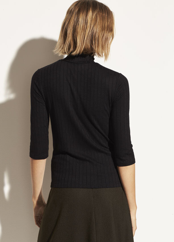 Vince - Button Up Elbow Sleeve Top in Black