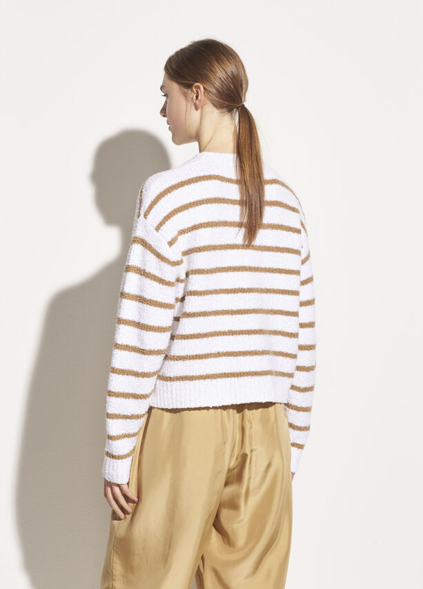 Vince - Striped Waffle Stitch Crew in Optic White/Dune