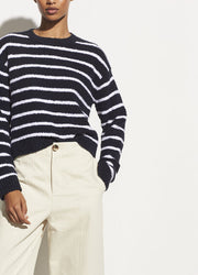 Vince - Striped Waffle Stitch Crew Sweater in Coastal/Optic White
