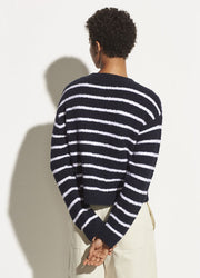 Vince - Striped Waffle Stitch Crew Sweater in Coastal/Optic White