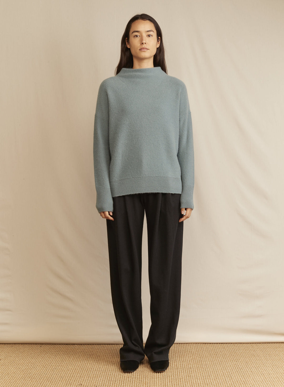 Vince - Boiled Funnel Neck Pullover in Heather Ocean
