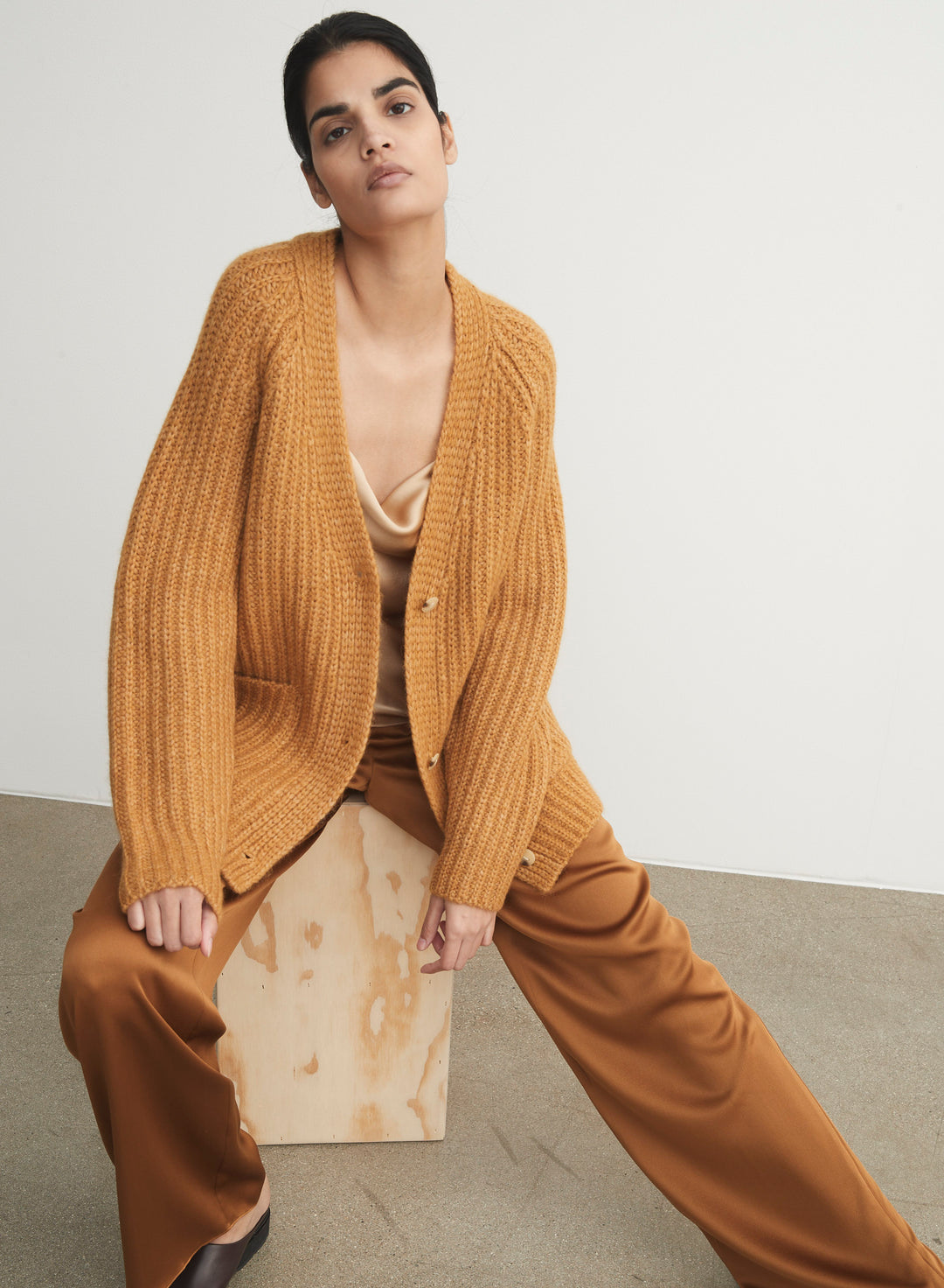 Vince - Ribbed Pocket Cardigan in Gold Ochre Cardigans
