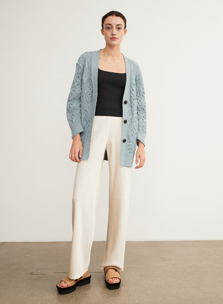 Vince - Aran Cable Cardigan in Light Sea Stone