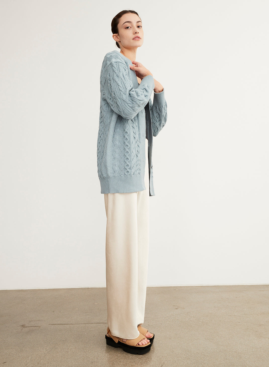Vince - Aran Cable Cardigan in Light Sea Stone
