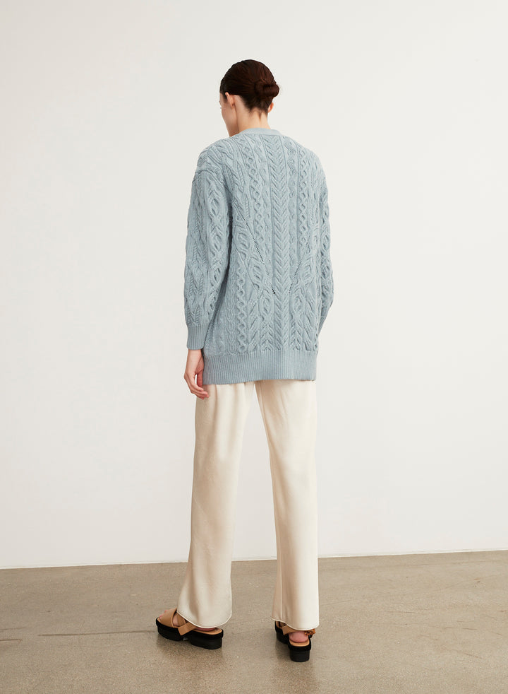 Vince - Aran Cable Cardigan in Light Sea Stone