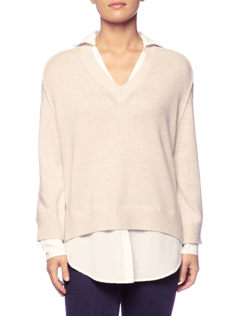BROCHU WALKER - V Neck Layered Pullover in Almond Buff Melange with white underlayer