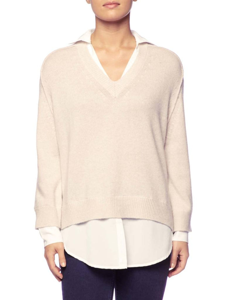 BROCHU WALKER - V Neck Layered Pullover in Almond Buff Melange with white underlayer