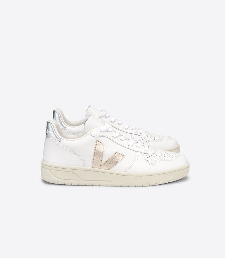 Veja - V-10 Leather Sneakers in Extra-White Platine Silver
